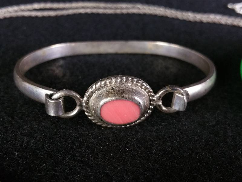 Sterling Silver, Coral, Jade Bangel