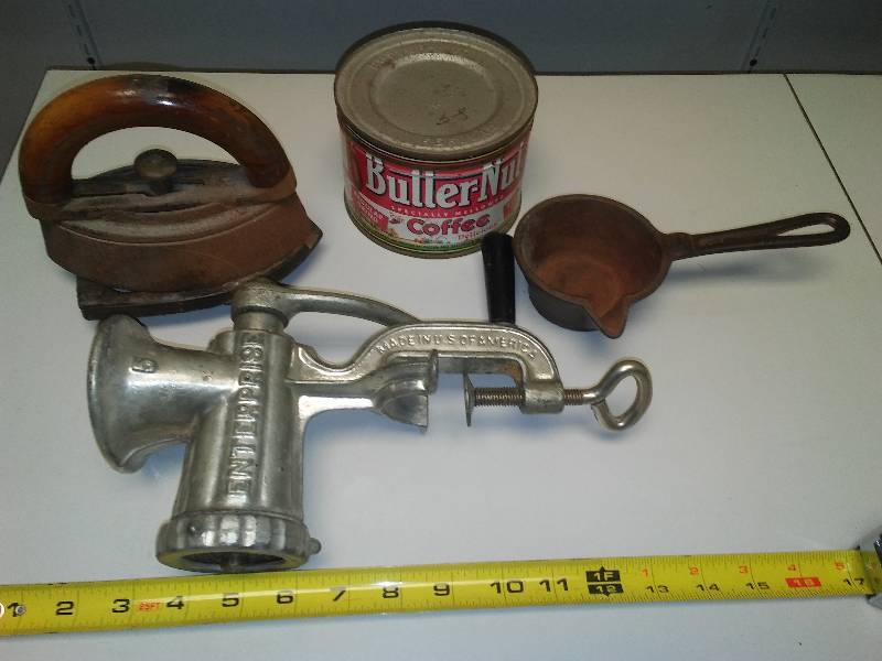 lot 154 image: Cast handled cup, Butternut can, Sad Iron with handle and cradle, Enterprise meat grinder