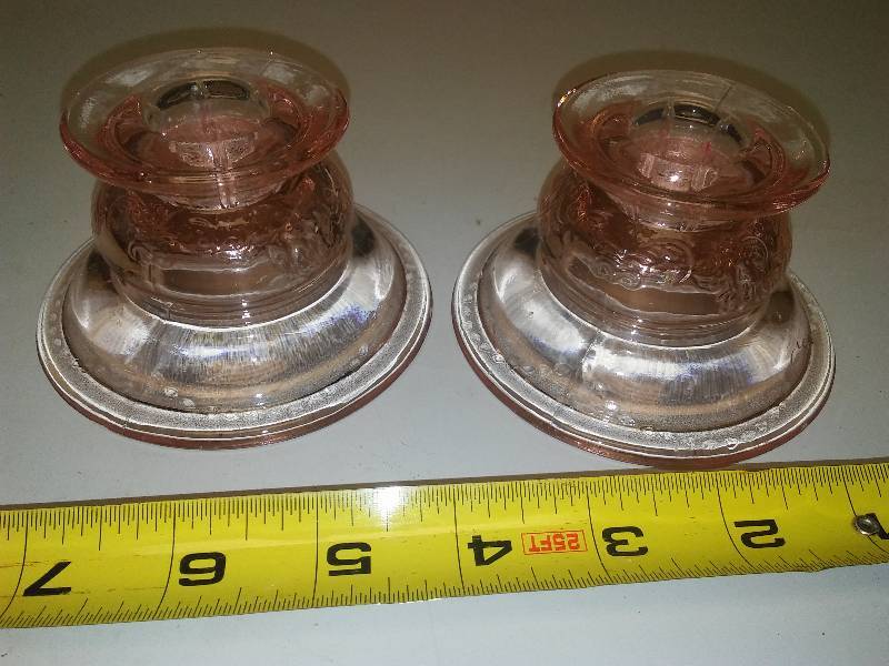 lot 158 image: Pink Depression glass candle holders (2)