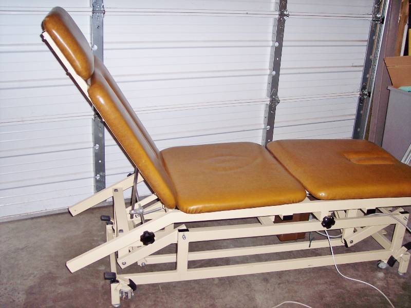 lot 9 image: MSRP $5000 Chattanooga Triton 3-Section Powered Hi-Lo Treatment Traction Table TRE-33 w Headpiece Extension Excellent Working Condition - No Tears To Upholstery