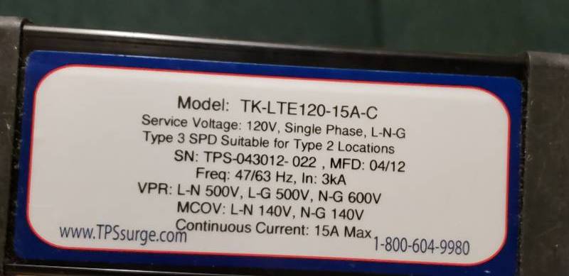 lot 9 image: TPS Commercial Grade Surge Protector - Model TK-LTE120-15A-C