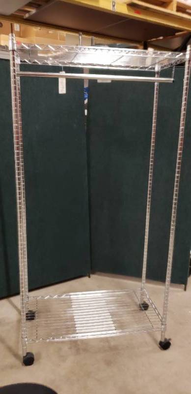 lot 22 image: Heavy Duty NSF Approved Stainless Steel Frame Utility Cart Mobile Wire Shelves With CoatClothing Rod - Excellent Condition