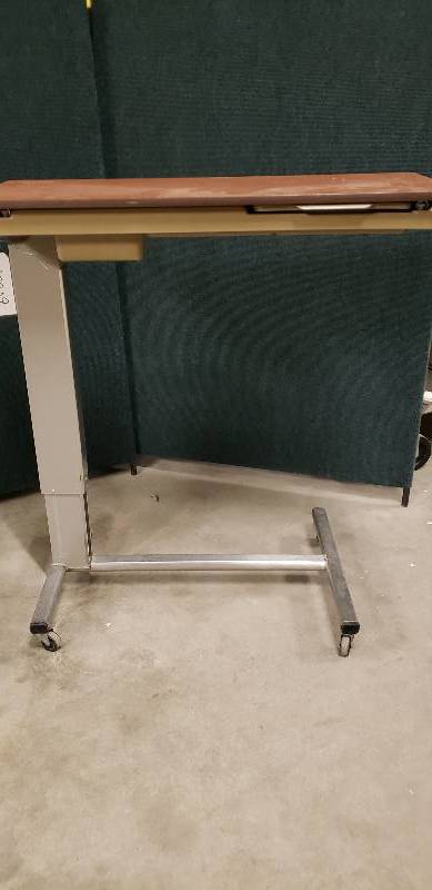 lot 25 image: Home Office Wood Grain Mobile Height Adjustable Work Surface Laptop Computer Use or Overbed Workstation Retractable Top Tray Table With Mirror & Storage Drawer- Super Condition