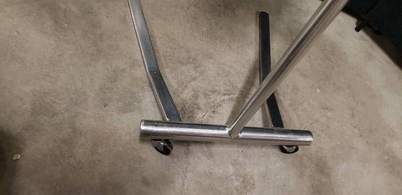 lot 38 image: FULLY ADJUSTABLE C. 1950S VINTAGE MEDICAL TELESCOPING MOBILE HOSPITAL OPERATING ROOM MAYO STAND WITH DETACHABLE ROLLED RIM INSTRUMENT TRAY