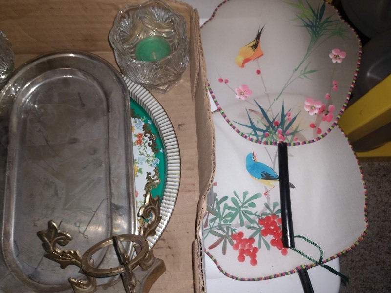 lot 59 image: Asian Novelties Chinese Silk Hand Fan w Handle, Serving Platters, Candle Holders, Asian Brass Glass Crystal Sphere Holder Stands
