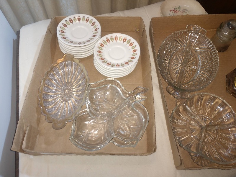 lot 62 image: Entertaining Essentials. Crystal Oval Candy Dish, Three Compartment Crystal Leaf Platter, Heavy Lead Crystal Oval Divided Nut or Relish Dish, Three Compartment Crystal Serving Dish, Hors Doeuvre Plates, Clock, and Glass Insulators 