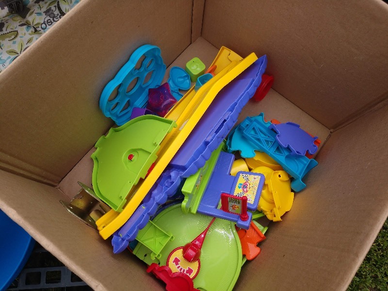 lot 74 image: Little Tykes Walker, Cosco Bouncer, Fisher Price Piano, Latches Board, Mega Building Blocks