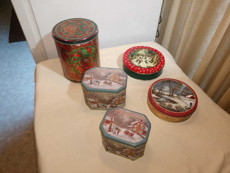 lot 77 image: Christmas Tin Containers Including The Old Farmers Almanac 200th Anniversary Collection Christmas Tins Kids Sledding RARE (Five Tins Total)