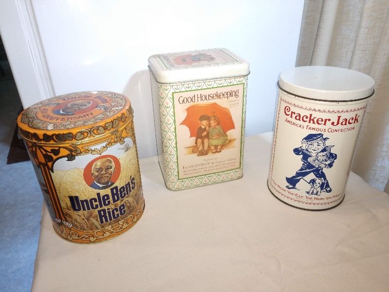 lot 84 image: 1983 Uncle Bens 40th Anniversary Rice Tin, 1926 Good Housekeeping The GALLANT LADY Tin, Vintage Cracker Jack Tin