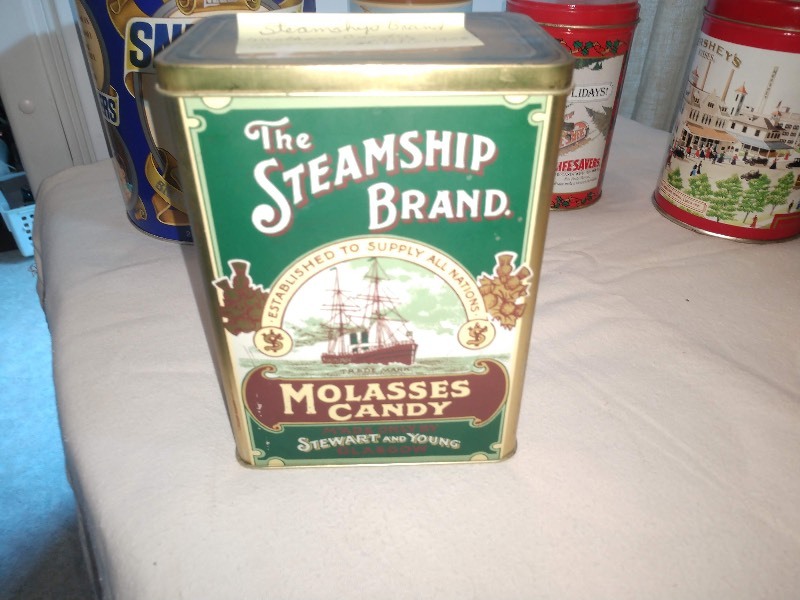 lot 85 image: Blue Snickers Snack Bars Tin, 1908 The Steamship Brand Molasses Candy,1989 Limited Edition Life Savers Holiday Keepsake Tin, Herseys Kisses Milk Chocolate Tin Nestle Toll House Morsels Tin