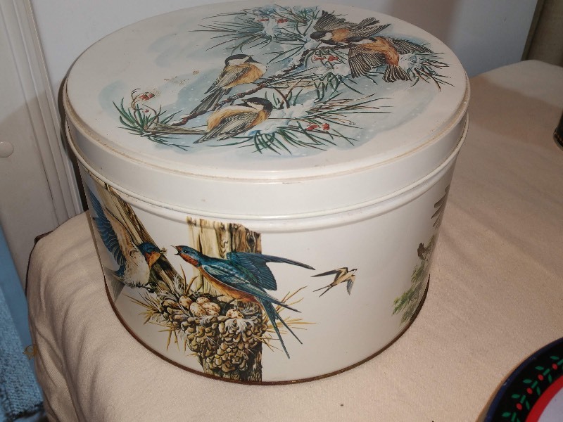 lot 88 image: Robins and Blue Jays on a Round White Tin, Round Imported Danish Butter Cookies Tin Container, Round Brown Tin w Bobwhite Wildlife Bird Art By J. Lockhart, Cylindrical Forest Green Tin w Gold Accents, Round Green Tin Small TownFarm 
