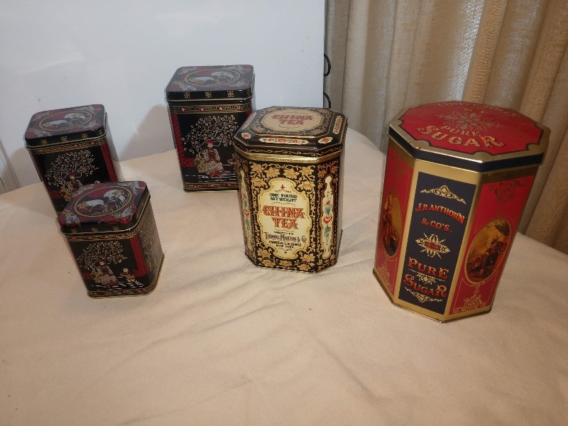lot 90 image: Vintage Black Gold, Red Hinged Traditional Chinese TinCaddy For Teas Palace, Geishas, Birds (3), China Tea Manufactured by Thomas Martin & Co. Oriental Tea Tin (1), J.R. Anthorn & Cos. Pure Sugar Red Tin (1)