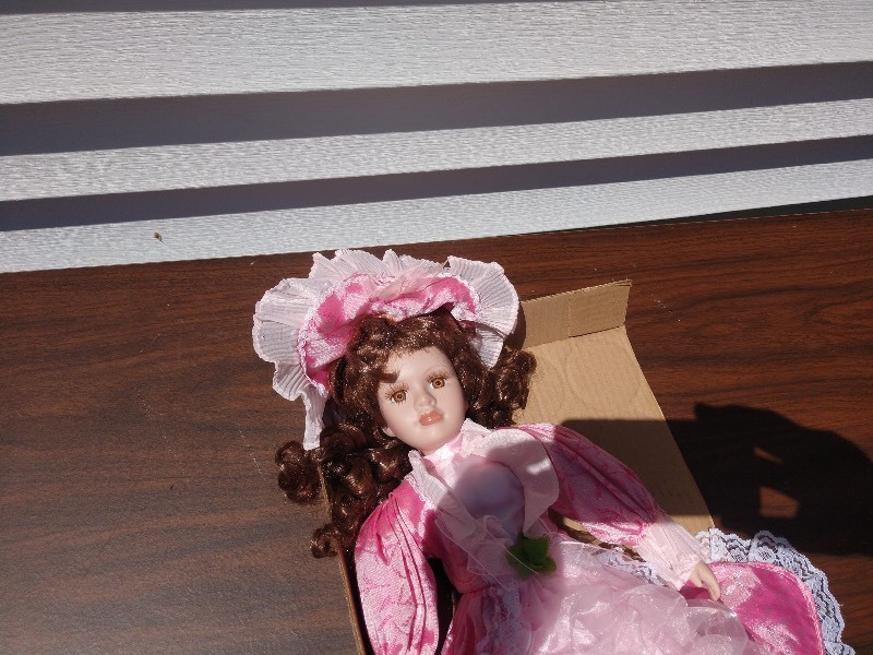 lot 109 image: Brunette Doll w Orange Eyes Wearing a Two Toned Pink Victorian Era Dress and Bonnet
