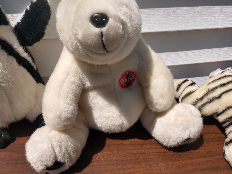 lot 116 image: Vintage Collectible Coca Cola Polar Bear Plush Toy, White Tiger Plush Toy and Two Penguin Plush Toys