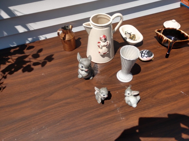 lot 120 image: Copper Color Pot, Rabbit Trinkets, Coffee Pot and Lid, Miniature Bathtub, Coral Marble Locket, Gravy Boat