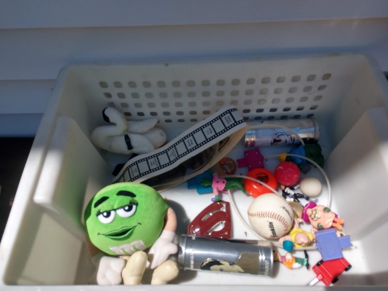 lot 123 image: VINYLS, Used Giant Coca Cola Advertising, Tote of Novelties Including Green M&ampM Plush, Barbie Box, Spider-Man Coloring Book