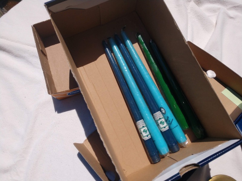 lot 136 image: Candleholders, Albert Alan Stick Candles, Various Pens, Moose Lake Federal Credit Union Cash Bag and Farmers State Bank Cash Bag