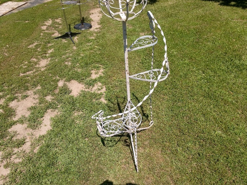 lot 49 image: Vintage Wrought Iron Spiral Five Tiered Plant Stand w Basket On Top