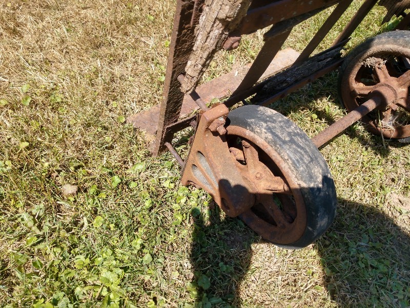 lot 11 image: Antique Wood and Iron Barrel Dolly Hand Truck