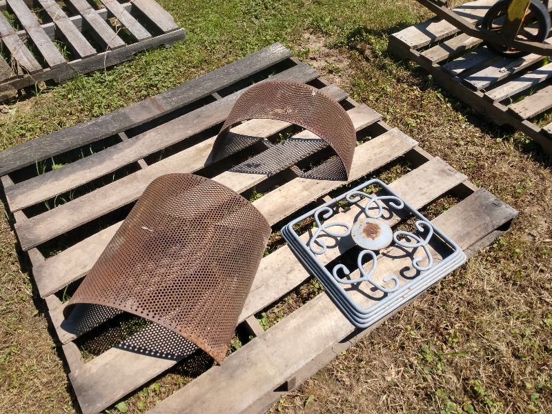 lot 24 image: Heavy Duty Curved Steel Grate Bases and Ornate Wall Decor