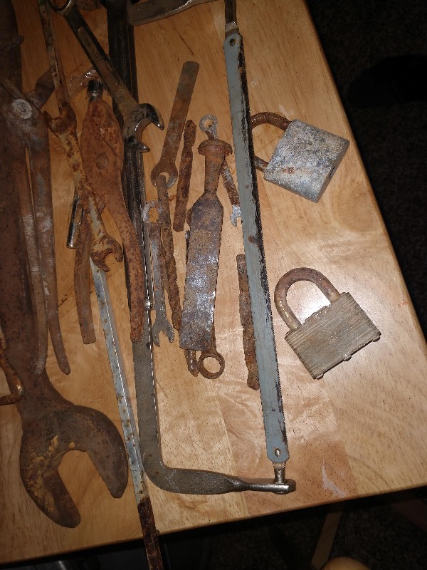 lot 10 image: Vintage Wrenches, Vintage Locks, Vintage Hand Hack Saw, Vintage Drill Bits and Other Vintage Parts
