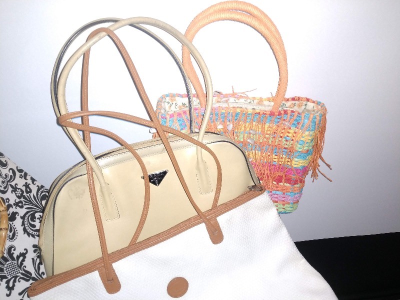 lot 13 image: White Purse Black Pattern w Bamboo Handles, Colorful Straw Tote Purse, White Tote Purse, Cream-Tone Bowler Bag w a Prada Tag 