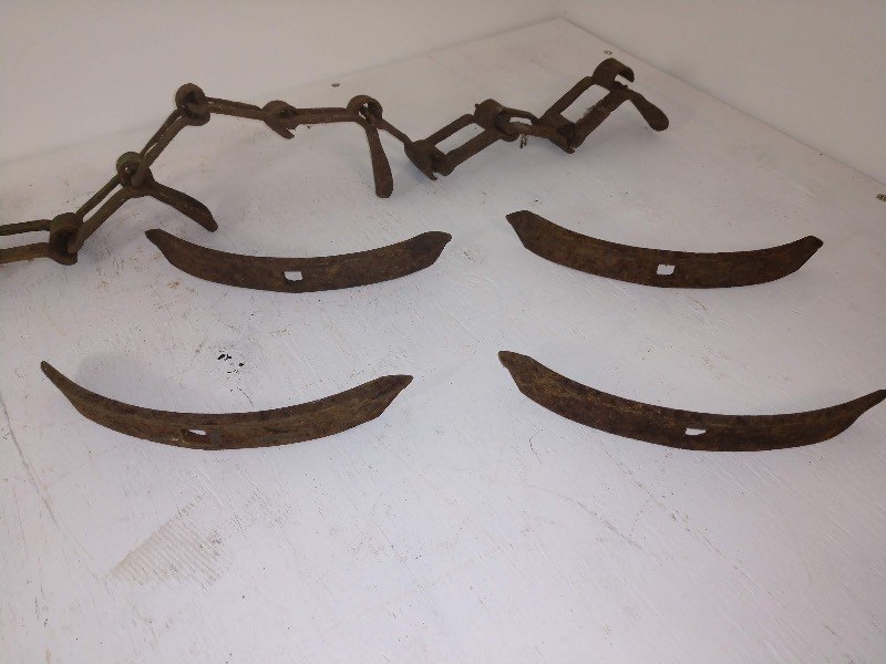 lot 19 image: Vintage Collectible 1930s Hills Bros Coffee Tin, Weathered Springs, Industrial Steampunk Rustic Farm Machinery Square Link Chain, Antique Vintage Plow Blades (4)