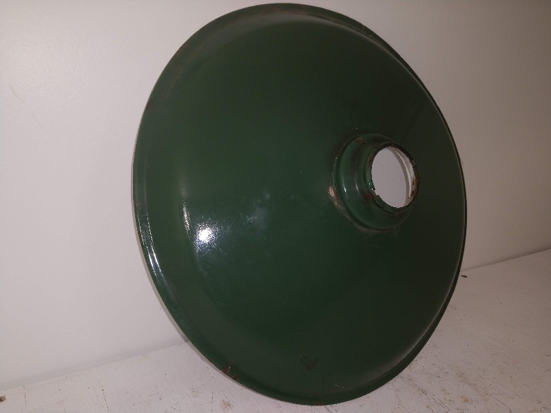 lot 23 image: Vintage Green Porcelain Enamel Gas Station Hanging Light Shade Hood 12
