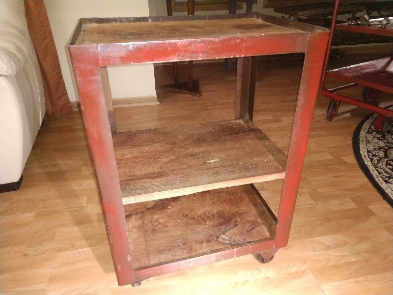 lot 26 image: Industrial Three Wood Shelf Cart on Casters