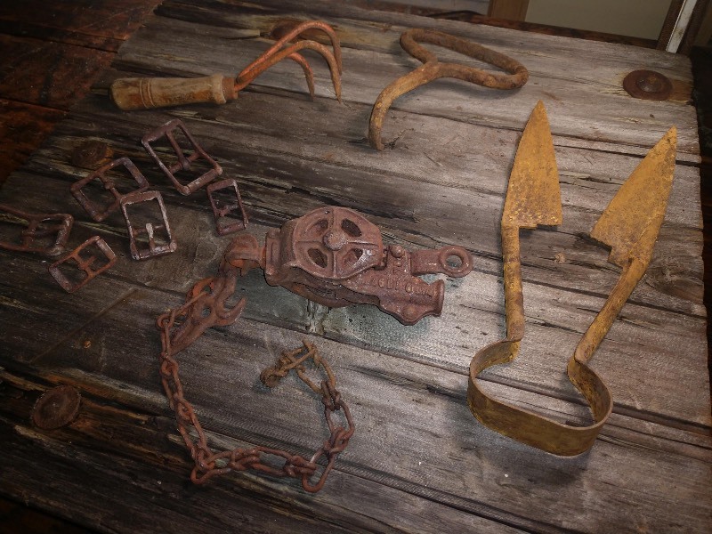 Vintage Hay Bale Hook, Square Links, Pulley Pat'd 1897 and Chain, Hand Held  Grass Edge Trimmer Shears, and Vintage Hand Cultivator Fork