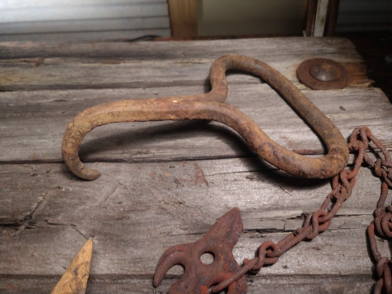 Vintage Hay Bale Hook, Square Links, Pulley Pat'd 1897 and Chain, Hand Held  Grass Edge Trimmer Shears, and Vintage Hand Cultivator Fork