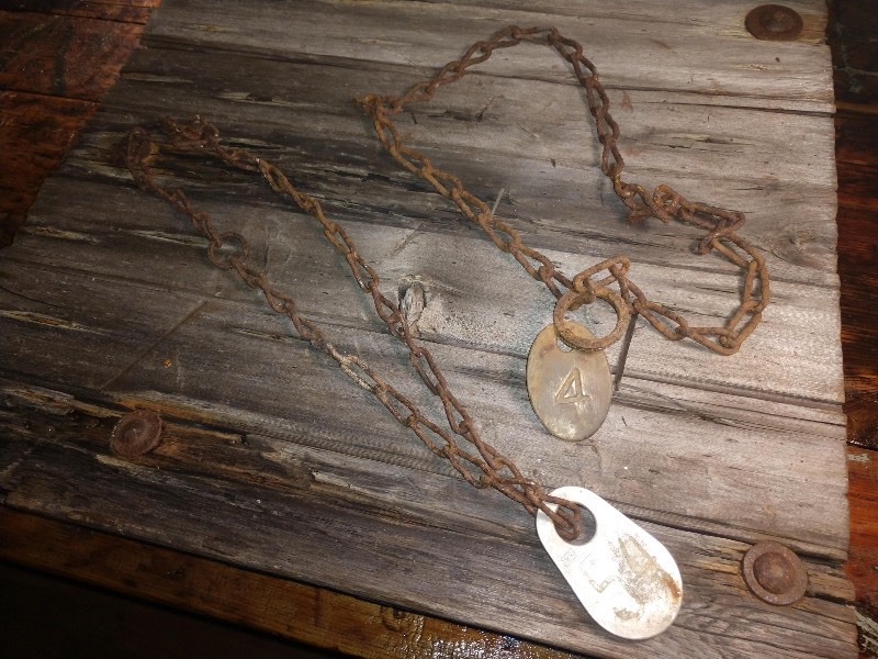 lot 35 image: Brass Cow Tags and Chain Double Sided Numbers 4 and 54