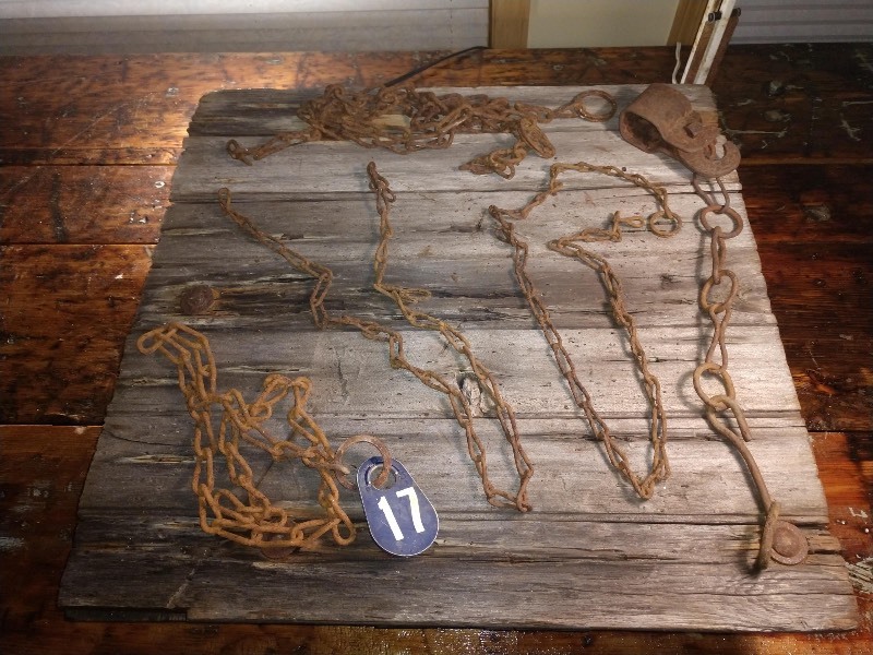 lot 37 image: Brass Cow Tag w Double Sided Number 17, Hand Forged Chains and Farm Hook
