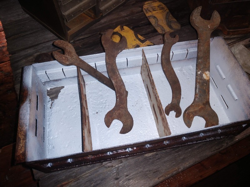 lot 41 image: Vintage Craftsman Parts Storage Organizer, Antique Wrenches, Yellow Pieces of License Plate, Metal Drawers, Leather Straps w Hooks