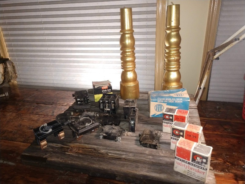 lot 49 image: Gold Candlesticks (2), Cutler-Hammer Control CH 120 Safetybreaks (3), ITE Molded Case Circuit Breakers, FPE Stab-Lok Circuit Breaker, American Circuit Breakers, Federal Circuit Breaker