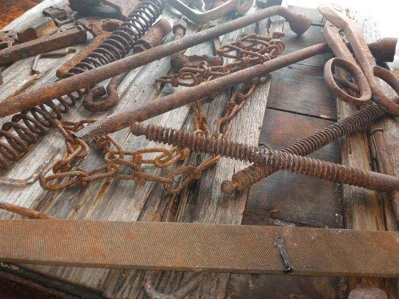 lot 66 image: Vintage Tools and Parts Hinges, Nicholson File, Screws, Spring, Chains, Gas Nozzle, Shears, Door Latch