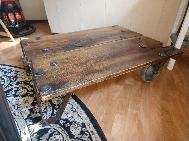 lot 50 image: Vintage Industrial Wood Plank Steel Cart Coffee Table