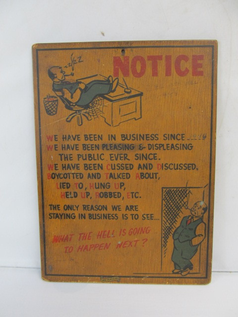 lot 9 image: Vintage 1940s Wooden Comical Business Sign