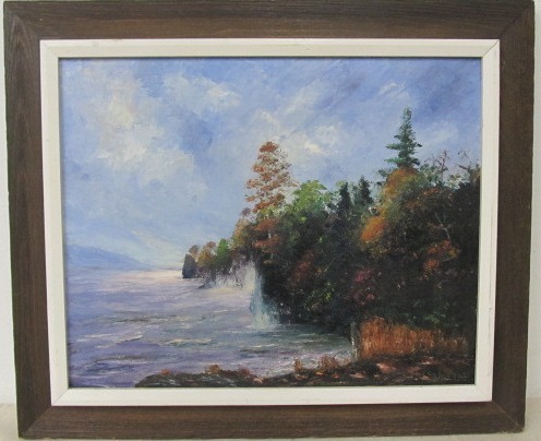 lot 41 image: Vintage Framed Signed Oil on Canvas Painting - Cave Point Wisconsin