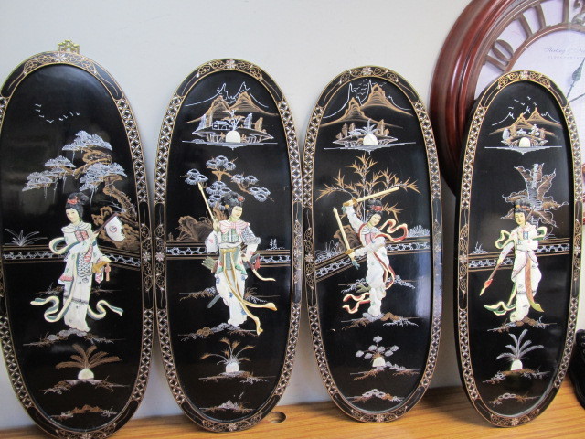 lot 84 image: Set of 4 Large Wood & Mother-Of-Pearl Chinese Wall Hangings