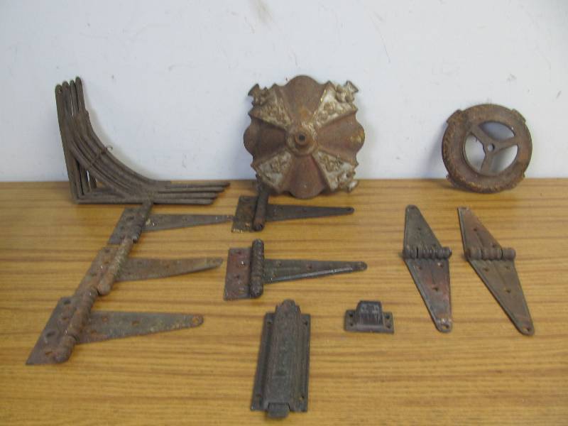 lot 37 image: Lot of Antique Iron Door Hardware Hinges Brackets & Lamp Base