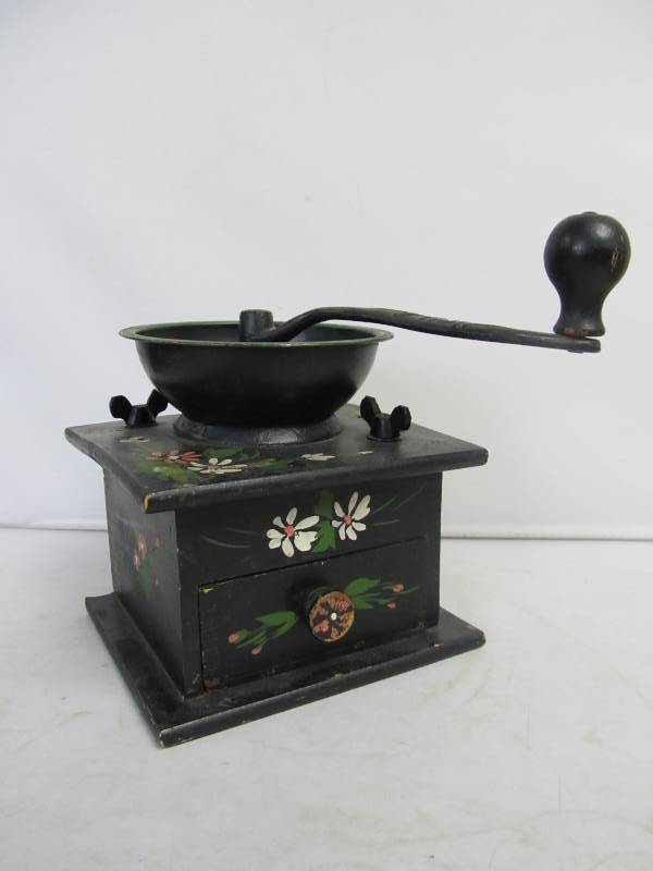 lot 40 image: Vintage Cast Iron Dovetailed & Painted Wood Coffee Grinder