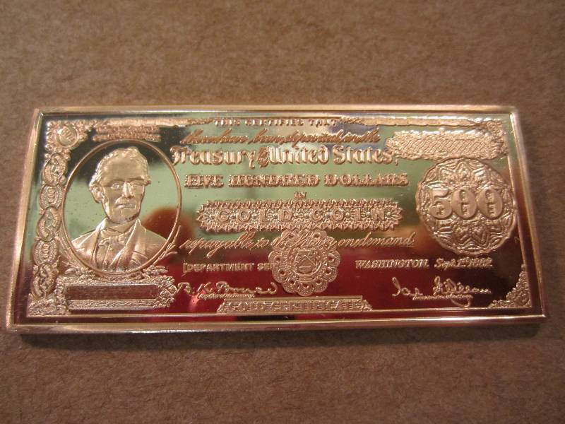 lot 2 image: Copper $500 Gold Certificate Bar...