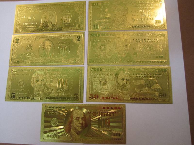 lot 21 image: Set of 7 24 Karat Gold Foil US Bill...