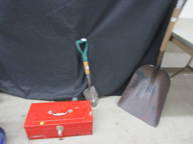 lot 39 image: red tool box metal scoop shovel , little shovel