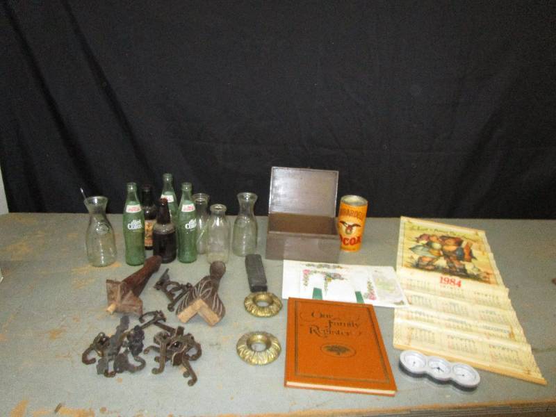lot 82 image: Old Calanders, Wooden Box, Misc Bottles, Register Book