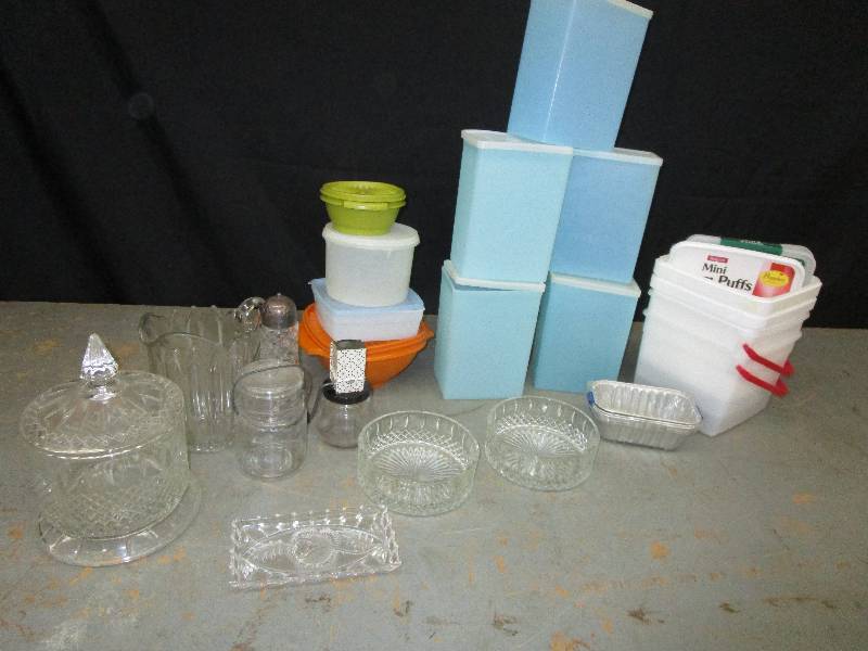 lot 84 image: Tupperware All Sizes, Glass Serving Bowls, Butter Platter, Misc Bowls