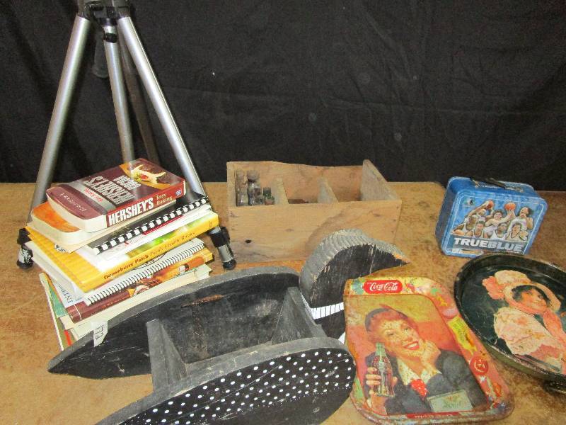 lot 89 image: Cook Books, Tripod, Tin Lunch Box, Ducks Unlimited Belt, Coca-cola Platter, Loon Planter