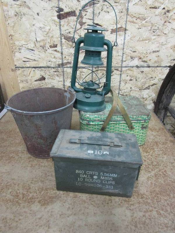 lot 131 image: Picnic Basket, Ammo Box, Lantern Frame and Milk Pail
