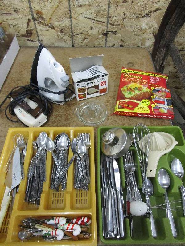 lot 136 image: Lots of Silverware, Irons, Potato Makers and More